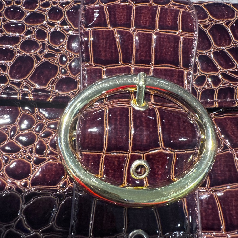 Brown Croc-Embossed Leather Shoulder Bag with Gold Buckle - Picture 2 of 6